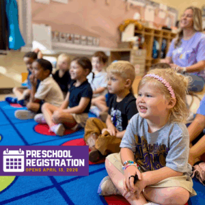 preschool students sit on a blue rug